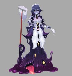 Rule 34 | 1girl, absurdres, black sclera, braid, colored sclera, colored skin, extra eyes, extra mouth, grey background, heart, highres, izayoi sakuya, knife, medium hair, monster girl, monster girl encyclopedia, mop, purple hair, purple skin, shoggoth (monster girl encyclopedia), simple background, slime (substance), slime girl, smile, solo, tentacles, touhou, twin braids, umisaki