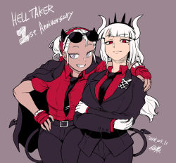 Rule 34 | 2girls, anniversary, black horns, black neckwear, black pants, breasts, clenched teeth, commentary request, dated, demon girl, demon tail, eyewear on head, fingerless gloves, gloves, hairband, hand on another&#039;s shoulder, hand on own hip, helltaker, horns, jacket, jacket on shoulders, justice (helltaker), large breasts, looking at viewer, lucifer (helltaker), mole, mole under eye, multiple girls, necktie, pants, red eyes, red gloves, red hairband, red shirt, shirt, simple background, smile, sunglasses, tail, teeth, tsukudani (coke-buta), vest, white eyes, white gloves, white hair, white horns
