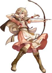 Rule 34 | 1girl, apron, arrow (projectile), boots, bow, bow (weapon), bracelet, braid, brown eyes, brown hair, capelet, drawing bow, faye (fire emblem), fire emblem, fire emblem echoes: shadows of valentia, fire emblem heroes, full body, highres, holding, holding bow (weapon), holding weapon, jewelry, knee boots, konfuzikokon, light brown hair, long hair, low-braided long hair, low-tied long hair, nintendo, official art, one eye closed, open mouth, ribbon, short sleeves, solo, transparent background, twin braids, weapon, white background