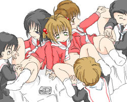 Rule 34 | 3boys, 3girls, brown hair, cardcaptor sakura, green eyes, kinomoto sakura, multiple boys, multiple girls, oral, school uniform, yamazaki takashi