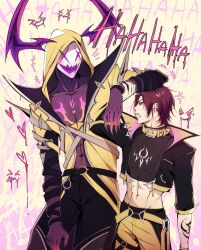 Rule 34 | 2boys, abs, arm tattoo, belt collar, black jacket, black nails, black pants, black shirt, blush, collar, colored sclera, earrings, fingernails, heart, heartsteel kayn, heartsteel rhaast, highres, hood, hoodie, horns, jacket, jewelry, kayn (league of legends), laughing, league of legends, looking at another, male focus, multiple boys, muscular, muscular male, nail polish, navel, official alternate costume, official alternate hairstyle, open mouth, pants, parted bangs, pink hair, red sclera, rhaast, shirt, short hair, simple background, standing, stomach, sweatdrop, tattoo, teeth, white eyes, yellow hoodie, yellow pants, zyrophin