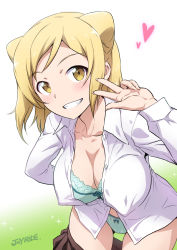 Rule 34 | 10s, 1girl, alternate breast size, artist name, blonde hair, bow, bow panties, bra, breasts, cameltoe, cleavage, clothes pull, collarbone, cone hair bun, covered erect nipples, demi-chan wa kataritai, double bun, eyebrows, green bra, green panties, grin, hair bun, heart, impossible clothes, joy ride, large breasts, leaning forward, open clothes, open shirt, panties, shirt, short hair, skirt, skirt pull, smile, solo, sparkle, takanashi hikari, unbuttoned, unbuttoned shirt, underwear, v, yellow eyes