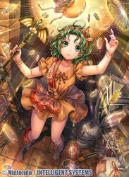 Rule 34 | 1girl, belt, boots, bracelet, coin, collarbone, commentary, company name, copyright name, dagger, dress, fire emblem, fire emblem: thracia 776, fire emblem cipher, fumi (butakotai), gold, green eyes, green hair, hairband, helmet, holding, indoors, jewelry, knee boots, knife, looking up, necklace, nintendo, official art, pearl necklace, shield, short dress, short hair, short sleeves, solo, sparkle, staff, sword, tina (fire emblem), treasure chest, wavy hair, weapon