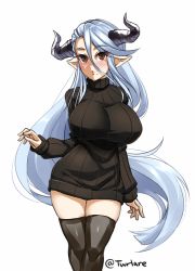 Rule 34 | 1girl, artist name, black sweater, black thighhighs, blush, breasts, brown eyes, draph, eyes visible through hair, granblue fantasy, hair between eyes, horns, impossible clothes, impossible sweater, izmir, large breasts, long hair, long sleeves, looking at viewer, mole, mole under mouth, pointy ears, ribbed sweater, silver hair, simple background, solo, sweater, thighhighs, turtleneck, turtleneck sweater, twitter username, twrlare, very long hair, white background