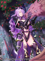 Rule 34 | 1girl, armor, axe, black armor, boots, breasts, camilla (fire emblem), cleavage, commentary request, dragon, fire emblem, fire emblem cipher, fire emblem fates, gauntlets, gluteal fold, groin, hair over one eye, high heel boots, high heels, horn ornament, horns, intelligent systems, kousei horiguchi, large breasts, leotard, lips, long hair, navel, nintendo, official art, pauldrons, petals, purple eyes, purple hair, rose petals, shoulder armor, solo, thigh boots, thighhighs, thighs, tiara, wavy hair, weapon, wyvern, zettai ryouiki