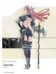 Rule 34 | 1girl, absurdres, armor, axe, back cutout, backless outfit, bare back, battle axe, blue dress, blue thighhighs, boots, character name, cherche (fire emblem), clothing cutout, dress, fire emblem, fire emblem awakening, full body, gauntlets, hairband, hand on own hip, highres, kozaki yuusuke, long hair, maid headdress, nintendo, official art, page number, red eyes, red hair, short dress, simple background, smile, standing, thigh boots, thigh cutout, thighhighs, weapon
