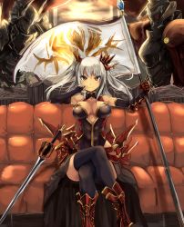Rule 34 | 1girl, armor, black gloves, black thighhighs, boots, breasts, breasts apart, bridal gauntlets, cleavage cutout, clothing cutout, crossed legs, elbow gloves, faulds, flag, gauntlets, gloves, greaves, hair ornament, highres, large breasts, long hair, looking at viewer, original, silver hair, sitting, solo, sword, thighhighs, two side up, weapon, yellow eyes, yoshizawa tsubaki
