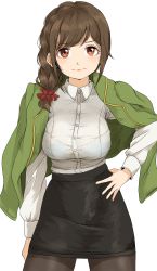 Rule 34 | 1girl, black pantyhose, black skirt, bra visible through clothes, braid, braided ponytail, breasts, brown hair, commentary, cowboy shot, gatsby ssl, green jacket, hair ornament, hair scrunchie, hand on own hip, highres, idolmaster, idolmaster cinderella girls, jacket, jacket on shoulders, looking at viewer, medium breasts, office lady, pantyhose, pencil skirt, scrunchie, senkawa chihiro, shirt, side ponytail, simple background, skirt, solo, white background, white shirt