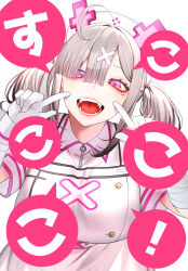Rule 34 | 1girl, bandaged arm, bandages, breasts, dress, gloves, gomo, grey hair, hair ornament, hair over one eye, hands on own cheeks, hands on own face, hat, highres, large breasts, long hair, looking at viewer, mole, nijisanji, nurse, nurse cap, open mouth, pink eyes, simple background, solo, sukoya kana, sukoya kana (1st costume), twintails, upper body, virtual youtuber, white gloves, white wrist cuffs, wrist cuffs, x hair ornament