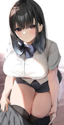 Rule 34 | 1girl, banned artist, black hair, black skirt, blush, breasts, brown eyes, closed mouth, collared shirt, commentary request, fay (fay axl), highres, large breasts, legs together, long hair, looking at viewer, original, school uniform, shirt, shorts, shorts under skirt, skirt, solo, thighhighs, thighs, undressing, white background, white shirt