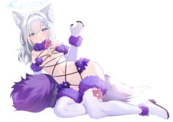Rule 34 | 1girl, absurdres, animal ear fluff, animal ears, bare shoulders, blue archive, blue eyes, boots, bow, breasts, cosplay, cross hair ornament, elbow gloves, extra ears, fate/grand order, fate (series), fur-trimmed gloves, fur-trimmed legwear, fur collar, fur trim, gloves, goyain, grey hair, hair ornament, halo, high heel boots, high heels, highres, lace, lace-trimmed legwear, lace trim, looking at viewer, mash kyrielight, mash kyrielight (dangerous beast), mash kyrielight (dangerous beast) (cosplay), medium breasts, medium hair, navel, o-ring, purple gloves, revealing clothes, shiroko (blue archive), smile, solo, tail, thigh boots, white background, white footwear, wolf ears, wolf tail