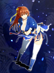 Rule 34 | 1girl, arm guards, arm under breasts, blue background, breasts, bridal gauntlets, brown eyes, brown hair, choker, cleavage, collarbone, commentary request, dead or alive, hair ribbon, highres, kasumi (doa), kettsu, large breasts, leaning forward, long hair, ninja, open mouth, panties, pantyshot, pelvic curtain, petals, ponytail, ribbon, sheath, sheathed, short sleeves, solo, standing, thighhighs, thighs, underwear, weapon, white panties, white thighhighs, wind, wind lift, yellow ribbon