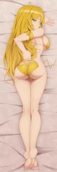 Rule 34 | 1girl, absurdres, ahoge, ass, bed, blonde hair, breasts, butt crack, cameltoe, curvy, dakimakura (medium), feet, highres, incredibly absurdres, large breasts, legs, long hair, looking at viewer, looking back, lying, on stomach, one eye closed, purple eyes, ravenravenraven, rwby, seductive smile, smile, soles, solo, thigh gap, thighs, wink, yang xiao long