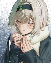 1girl blush breath closed_eyes closed_mouth coat cold devl_ga_aru firefly_(honkai:_star_rail) green_jacket grey_hair hair_between_eyes hairband hands_up highres honkai:_star_rail honkai_(series) jacket long_sleeves scarf snowing solo twitter_username upper_body white_scarf