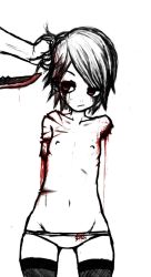 Rule 34 | 1girl, amputee, blood, fishnets, flat chest, guro, highres, indifferent, knife, male hand, monochrome, mutilation, nipples, not amused, panties, simple background, thigh gap, thighhighs, topless, underwear, wabaki, white background