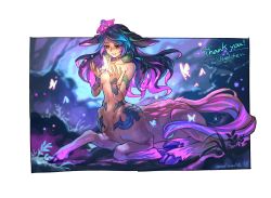 Rule 34 | 1girl, animal ears, brown fur, centauroid, flower, full body, hair flower, hair ornament, highres, league of legends, lillia (league of legends), long hair, mullmull02, multicolored hair, on floor, outdoors, purple background, smile, solo, taur, two-tone background, two-tone hair