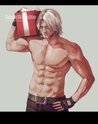 Rule 34 | 1boy, abs, arm up, armpits, artist name, beard, belt, belt buckle, black gloves, box, brown pants, buckle, collarbone, cowboy shot, dante (devil may cry), dantewontdie, devil may cry (series), facial hair, fingerless gloves, gift, gift box, gloves, grey background, hand on own hip, highres, holding, holding gift, letterboxed, looking at viewer, male focus, muscular, navel, nipples, pants, parted lips, topless male, grey eyes, silver hair, simple background, smile, stomach, v-shaped eyebrows, watermark, web address