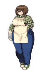 Rule 34 | 1girl, apron, breasts, brown eyes, brown hair, fat, full body, glasses, kjmvideo, large breasts, thick thighs, thighs, wide hips