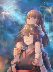 Rule 34 | 10s, 2girls, aged down, alternate costume, black hair, blue eyes, bracelet, brown hair, carrying, fireworks, hand on another&#039;s head, holding another&#039;s wrist, japanese clothes, jewelry, kill la kill, kimono, kiryuuin satsuki, long hair, matoi ryuuko, multicolored hair, multiple girls, night, night sky, outdoors, red hair, sandals, shoulder carry, siblings, sisters, sitting, sky, summer, time paradox, yorukun, zouri