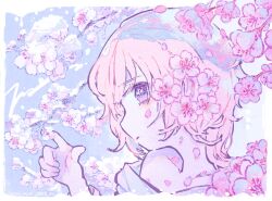 Rule 34 | 1girl, blue background, border, branch, cherry blossoms, closed mouth, dated, flower, hair flower, hair ornament, hand up, highres, kiato, looking at viewer, original, petals, pink flower, pink hair, profile, purple eyes, short hair, signature, snow, solo, upper body, white border
