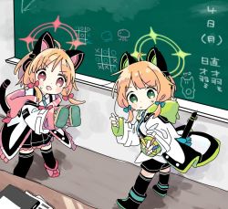 Rule 34 | 2girls, animal ears, blue archive, blush, cat ears, cat tail, chalkboard, closed mouth, commentary request, copyright request, green eyes, green hood, halo, highres, indoors, jacket, midori (blue archive), momoi (blue archive), multiple girls, naguru (cyoroama), open mouth, orange hair, pink hood, red eyes, siblings, sisters, sleeves past wrists, sparkle, sweatdrop, tail, tic-tac-toe