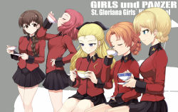 Rule 34 | 10s, 5girls, assam (girls und panzer), black skirt, blonde hair, blue eyes, braid, brown eyes, brown hair, closed eyes, closed mouth, commentary, copyright name, cup, darjeeling (girls und panzer), drinking glass, epaulettes, from side, girls und panzer, grey background, hair ornament, hair over shoulder, hair pulled back, hair ribbon, hairclip, hand on own hip, holding, holding saucer, jacket, kasai shin, light frown, long hair, long sleeves, looking at viewer, looking away, military, military uniform, military vehicle, miniskirt, motor vehicle, multiple girls, orange hair, orange pekoe (girls und panzer), parted bangs, pleated skirt, red hair, red jacket, ribbon, rosehip (girls und panzer), rukuriri (girls und panzer), saucer, short hair, silhouette, single braid, sitting, skirt, smile, st. gloriana&#039;s military uniform, standing, tank, teacup, twin braids, uniform