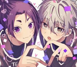 Rule 34 | 2boys, black eyes, black shirt, blue lock, closed mouth, grey hair, heart, heart hands, heart hands duo, long sleeves, looking at viewer, male focus, mikage reo, mma runn, multiple boys, nagi seishirou, open mouth, purple eyes, purple hair, shirt, short hair, sleeves past wrists, smile, white background