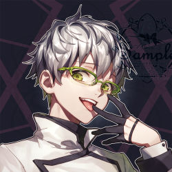Rule 34 | 1boy, :p, aluce, artist name, black gloves, finger to mouth, glasses, gloves, green eyes, half gloves, looking at viewer, open mouth, original, pale skin, shiny skin, short hair, signature, simple background, smile, solo, standing, tongue, tongue out, watermark, white hair