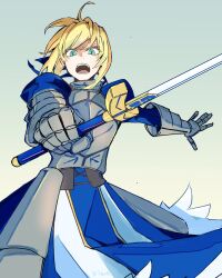 Rule 34 | 1girl, armor, armored dress, artoria pendragon (all), artoria pendragon (fate), black corset, blonde hair, blue dress, blue ribbon, breastplate, corset, cowboy shot, dress, excalibur (fate/stay night), fate/grand order, fate/stay night, fate (series), faulds, foreshortening, gauntlets, gradient background, green background, green eyes, hair ribbon, highres, holding, holding sword, holding weapon, juliet sleeves, ki wa001, long sleeves, looking at viewer, open mouth, outstretched arm, outstretched hand, pelvic curtain, puffy sleeves, ribbon, saber, shouting, signature, simple background, skirt, solo, sword, teeth, weapon, white skirt