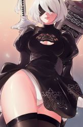 Rule 34 | 1girl, artist request, black blindfold, black dress, black hairband, black thighhighs, blindfold, breasts, chain, cleavage cutout, closed mouth, clothing cutout, covered eyes, cowboy shot, dress, facing viewer, gradient background, hairband, highleg, highleg leotard, highres, huge weapon, juliet sleeves, leotard, leotard under clothes, light, light particles, light smile, long sleeves, medium breasts, mole, mole under mouth, nier:automata, nier (series), partially visible vulva, pink lips, puffy sleeves, shiny skin, short hair, silver hair, solo, standing, sword, sword behind back, tassel, thick thighs, thighhighs, thighs, turtleneck, turtleneck dress, virtuous contract, weapon, white leotard, 2b (nier:automata)