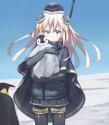 Rule 34 | 10s, 1girl, :t, bird, blonde hair, blue eyes, blue sky, blush, cape, carrying, cropped jacket, day, garrison cap, gloves, hair between eyes, half-closed eye, hat, headgear, ka-no, kantai collection, long hair, looking at viewer, penguin, sky, solo, u-511 (kancolle), uneven eyes, uniform
