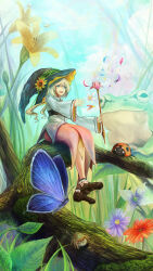 Rule 34 | blue butterfly, blue eyes, blue flower, branch, brown footwear, bug, butterfly, flower, frog, hat, hat flower, highres, holding, holding staff, insect, ladybug, leaf, long hair, long skirt, mini person, minigirl, open mouth, original, petals, pink skirt, plant, red flower, ruki0909, shirt, skirt, spider, staff, teeth, upper teeth only, white flower, white shirt, wide sleeves, witch, witch hat, yellow flower