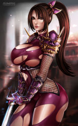 Rule 34 | 1girl, bodysuit, breasts, flowerxl, kodachi, large breasts, long hair, namco, ponytail, short sword, soul calibur, soulcalibur, soulcalibur iv, sword, taki (soulcalibur), thick thighs, thighs, torn clothes, weapon