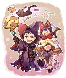 Rule 34 | 1boy, 1girl, 1other, animal ears, beard, belt, black gloves, blue eyes, blue hair, candy, cat, cat ears, cat tail, closed eyes, facial hair, father and daughter, fire emblem, fire emblem: the binding blade, fire emblem: the blazing blade, fire emblem heroes, food, gloves, hat, hector (fire emblem), hector (halloween) (fire emblem), highres, holding, holding staff, hood, hood up, kiran (fire emblem), lilina (fire emblem), long sleeves, nakabayashi zun, nintendo, open mouth, short hair, staff, tail, witch hat