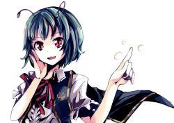 Rule 34 | 1girl, antennae, aoi kujira, cape, female focus, green hair, hand on own cheek, hand on own face, index finger raised, looking at viewer, open mouth, pointing, pointing up, red eyes, shirt, short hair, smile, solo, touhou, upper body, vest, wriggle nightbug