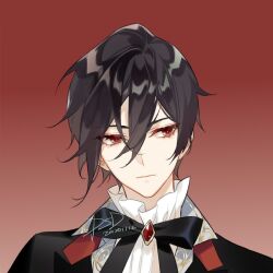 Rule 34 | 1boy, :|, ayn alwyn, black bow, black bowtie, black hair, black jacket, bow, bowtie, brooch, closed mouth, double-parted bangs, expressionless, facing viewer, frilled shirt collar, frills, gem, hair between eyes, jacket, jewelry, lapels, lovebrush chronicles, male focus, notched lapels, portrait, psd (psdgai), red background, red eyes, red gemstone, shirt, short hair, sideways glance, signature, simple background, solo, white shirt