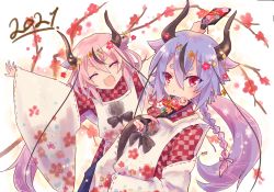 Rule 34 | 2021, 2others, blue hair, braid, branch, checkered clothes, checkered kimono, checkered shirt, cherry blossoms, closed eyes, commentary, covering own mouth, detached sleeves, floral print, flower, hagoita, hair flower, hair ornament, highres, holding, holding paddle, horns, japanese clothes, kimono, kisalaundry, long hair, looking at viewer, meika hime, meika mikoto, multiple others, open mouth, other focus, outstretched arms, paddle, pink hair, red eyes, shirt, smile, thick eyebrows, twintails, upper body, very long hair, vocaloid, white sleeves, wide sleeves