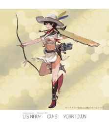 Rule 34 | 10s, 1girl, arrow (projectile), belt, blush, bow (weapon), braid, breasts, brown eyes, brown hair, cowboy hat, crop top, facial mark, full body, gun, handgun, hat, highres, holding, holding bow (weapon), holding weapon, holster, jeanex, kantai collection, kneehighs, large breasts, midriff, navel, open mouth, original, pacific (kancolle), personification, quiver, revolver, short hair, socks, solo, stampede string, star (symbol), twin braids, united states, united states navy, uss yorktown (cv-5), weapon, yorktown (pacific), yorktown class aircraft carrier
