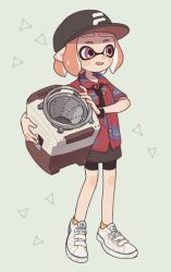 Rule 34 | 1girl, bad id, bad twitter id, baseball cap, bike shorts, black hat, black shorts, blush, collared shirt, commentary request, full body, gomi (kaiwaresan44), grey background, hat, holding, holding weapon, inkling, inkling girl, inkling player character, looking to the side, nintendo, open mouth, pink eyes, pink hair, pointy ears, print headwear, red shirt, red socks, shirt, shoes, short hair, short sleeves, shorts, sloshing machine (splatoon), smile, socks, solo, splatoon (series), splatoon 2, standing, tentacle hair, weapon, white footwear