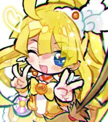 Rule 34 | ahoge, blonde hair, blue eyes, blush, bow, broom, chromatic aberration, cosplay, cure peace, cure peace (cosplay), doradorakingyo, double v, earrings, jewelry, looking at viewer, magical girl, one eye closed, open mouth, precure, puyopuyo, twitter username, v, white background, witch (puyopuyo), yellow bow