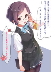 Rule 34 | 1girl, adjusting eyewear, anger vein, armband, black skirt, black vest, blue background, blue bow, blue bowtie, blush, bow, bowtie, breasts, brown thighhighs, collared shirt, commentary request, dress shirt, forehead, glasses, hair ornament, hairclip, hand up, highres, holding, konnyaku (kk-monmon), looking at viewer, open mouth, original, pleated skirt, purple hair, red eyes, school uniform, shirt, short hair, short sleeves, skindentation, skirt, small breasts, solo, swept bangs, teeth, thighhighs, translation request, two-tone background, upper teeth only, v-shaped eyebrows, vest, watch, white background, white shirt, wristwatch