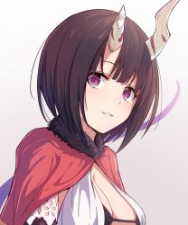 Rule 34 | + +, 1girl, alisia0812, blush, bob cut, breasts, broken horn, brown hair, capelet, cleavage, eriko (princess connect!), fur trim, gradient background, highres, horns, large breasts, looking at viewer, parted lips, princess connect!, purple eyes, red capelet, short hair, smile, solo, tail, white background