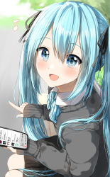 Rule 34 | 1girl, :d, absurdres, ai kotoba (vocaloid), black ribbon, black skirt, black sweater, blue bow, blue bowtie, blue eyes, blue hair, blue nails, blush, bow, bowtie, cellphone, collared shirt, commentary request, diagonal-striped bow, diagonal-striped bowtie, diagonal-striped clothes, diagonal-striped neckwear, eighth note, fingernails, hair ribbon, hatsune miku, highres, holding, holding phone, index finger raised, long hair, long sleeves, looking at viewer, looking to the side, macaron (vocaloid), musical note, nail polish, open mouth, pentagon (railgun ky1206), phone, pleated skirt, ribbon, rolling girl (vocaloid), shirt, skirt, sleeves past wrists, smile, solo, striped bow, striped bowtie, striped clothes, striped neckwear, suisei honeymoon (vocaloid), sweater, translated, twintails, very long hair, vocaloid, white shirt