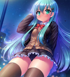 Rule 34 | 1girl, black panties, black skirt, blush, bow, bowtie, breasts, brown cardigan, brown thighhighs, cameltoe, cardigan, closed mouth, cowboy shot, frilled skirt, frills, from below, green eyes, green hair, hair ornament, hairclip, kantai collection, large breasts, long hair, looking at viewer, night, outdoors, panties, red bow, shiny skin, skirt, sky, solo, standing, star (sky), starry sky, suzuya (kancolle), takeponi, thighhighs, thighs, underwear, upskirt