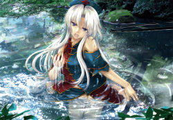 Rule 34 | 1girl, adapted costume, bare shoulders, blue eyes, dacho, female focus, forest, hat, leaf, long hair, midriff, nature, nurse cap, open mouth, rock, shirt, silver hair, skirt, skirt set, solo, touhou, tree, water, yagokoro eirin
