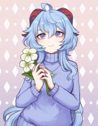 Rule 34 | ahoge, alternate costume, artist name, blue hair, blue sweater, blush, closed mouth, flower, ganyu (genshin impact), genshin impact, goat horns, hair between eyes, highres, holding, holding flower, horns, illynda, jewelry, long hair, long sleeves, looking at viewer, multicolored eyes, necklace, qingxin flower, ribbed sweater, sidelocks, smile, solo, sweater, turtleneck, turtleneck sweater, twitter username, upper body, white flower