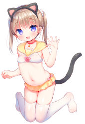 Rule 34 | 1girl, :d, animal ears, bell, blonde hair, blush, bow, breasts, cat ears, cat tail, choker, collarbone, commentary request, crop top, fake animal ears, fang, full body, hand up, kneeling, looking at viewer, medium hair, microskirt, midriff, navel, neck bell, no pupils, no shoes, open mouth, original, pink bow, pleated skirt, purple eyes, red choker, sailor collar, simple background, skirt, small breasts, smile, solo, stomach, tail, thighhighs, usashiro mani, waving, white background, white thighhighs, yellow sailor collar, yellow skirt