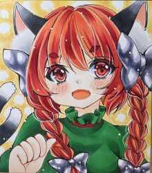 Rule 34 | 1girl, animal ears, bow, braid, cat ears, cat tail, fang, hair bow, highres, kaenbyou rin, masaki (masarin0909), multiple tails, nekomata, one-hour drawing challenge, paw pose, red eyes, red hair, shikishi, skin fang, tail, touhou, traditional media, twin braids
