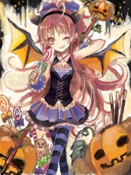 Rule 34 | 10s, 1girl, alternate costume, bad id, bad pixiv id, bat wings, candy, food, halloween, j-peg, jack-o&#039;-lantern, lollipop, mahou shoujo madoka magica, mahou shoujo madoka magica (anime), pantyhose, pocky, pumpkin, red hair, sakura kyoko, solo, striped clothes, striped pantyhose, tegaki, wings