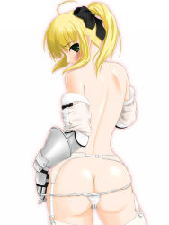 Rule 34 | 00s, 1girl, ahoge, artoria pendragon (all), artoria pendragon (fate), asamiya, ass, back, blonde hair, blush, bow, butt crack, capcom, fate/stay night, fate/unlimited codes, fate (series), from behind, garter belt, gauntlets, green eyes, hair bow, lingerie, long hair, looking back, panties, panty pull, ponytail, saber (fate), saber lily, scrunchie, simple background, solo, thighhighs, thong, topless, type-moon, underwear, underwear only, white background, white panties, white thighhighs